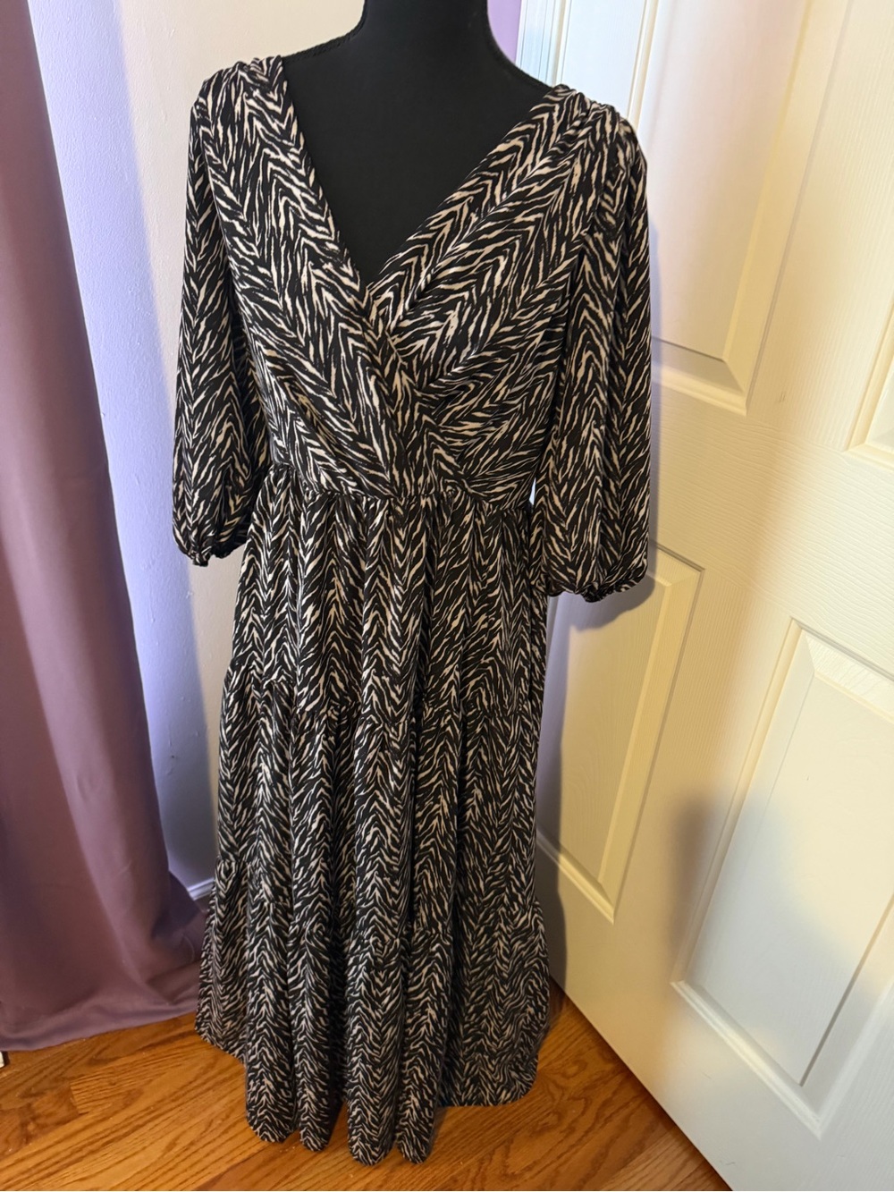 DKNY Black White Zebra Print Wrap-Style Maxi Dress Size 10
